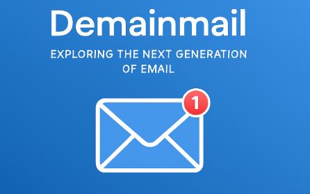 Demainmail logo with tagline 'Exploring the Next Generation of Email' above a blue envelope icon with a red notification badge on a gradient background.