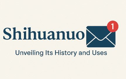 Shihuanuo text logo with tagline 'Unveiling Its History and Uses' alongside a minimalist dark blue envelope icon with a red notification badge