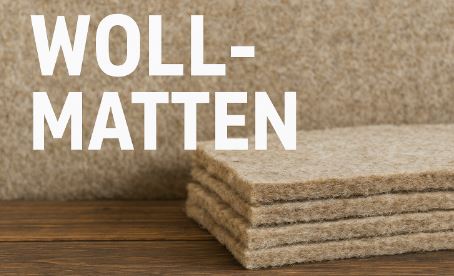 A digital photograph with overlaid text displaying the word "Wollmatten," featuring eco-friendly wool mats used for insulation, gardening, and crafts.